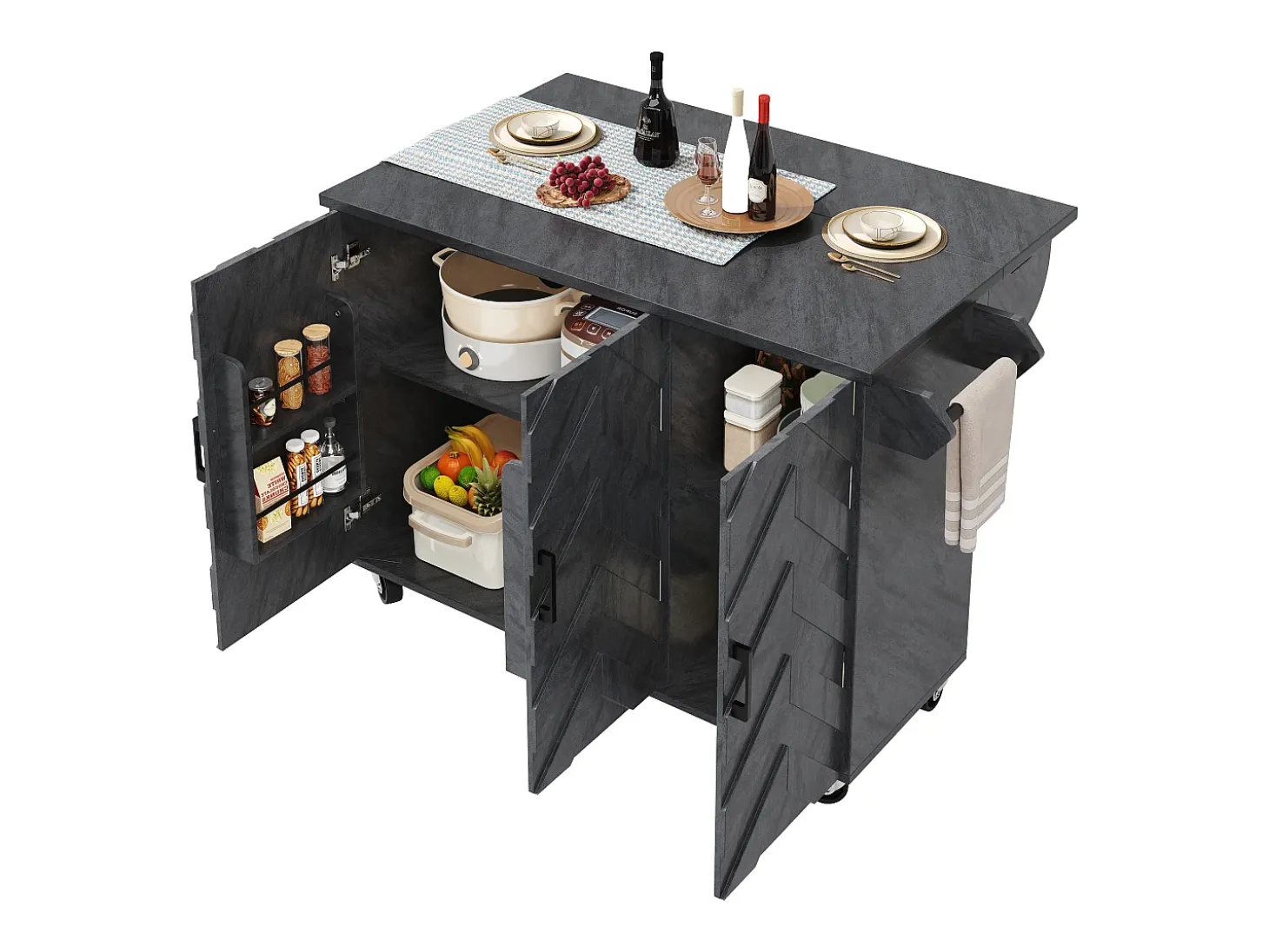 Isla de cocina central móvil - Tablero extensible - 130x75x92 cm - 3 puertas - estantes abiertos - con toallero - MDF - Gris
