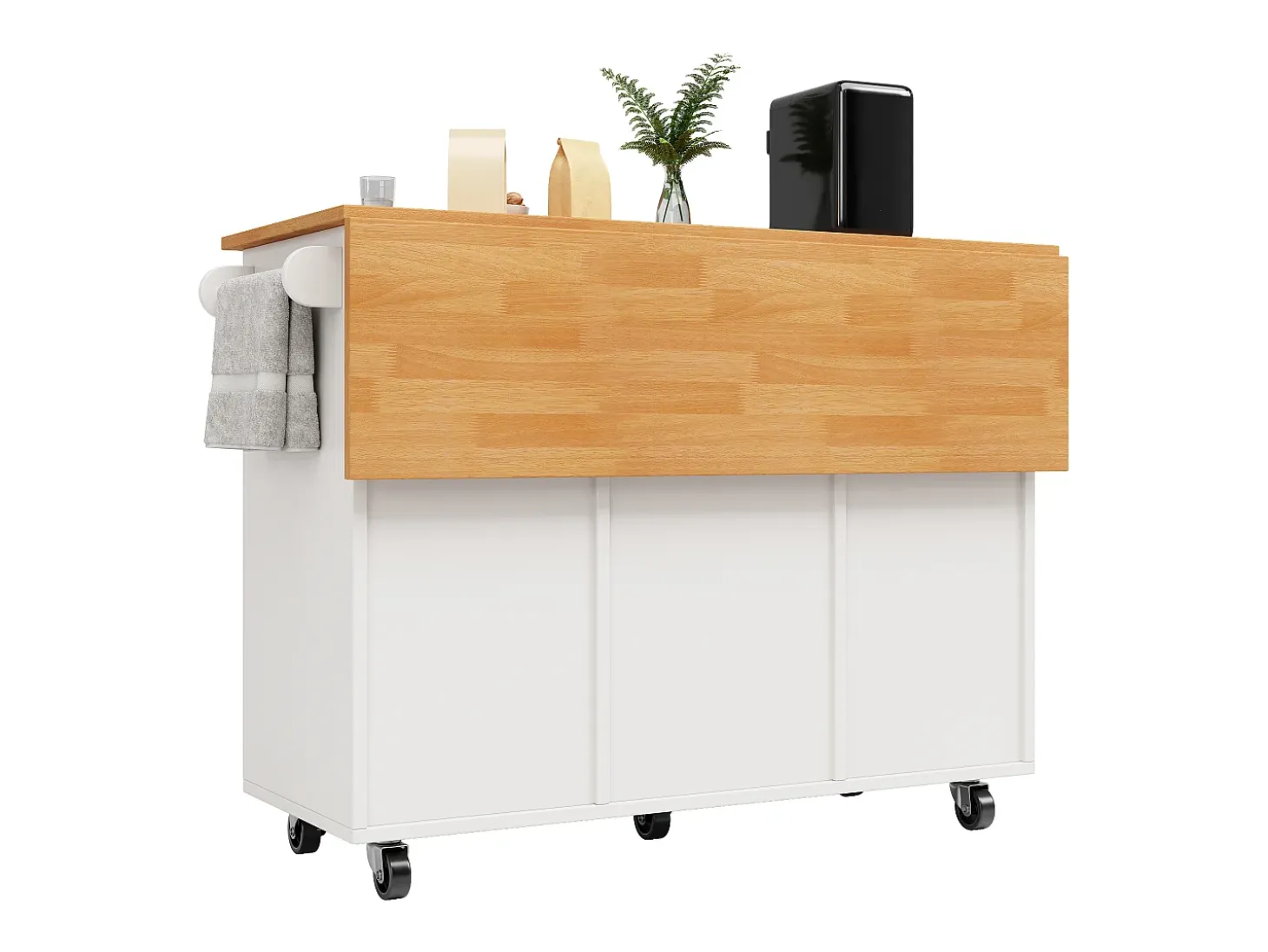Isla de cocina con 8 cajones - Carro con ruedas y tapa abatible - Blanco