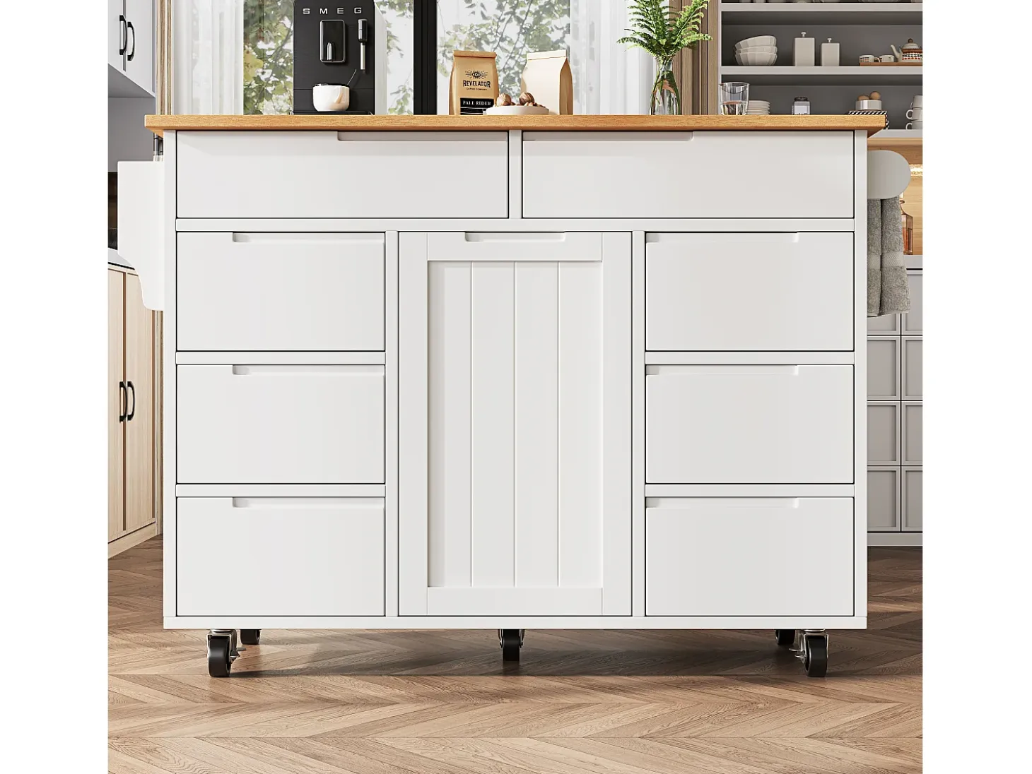 Isla de cocina con 8 cajones - Carro con ruedas y tapa abatible - Blanco