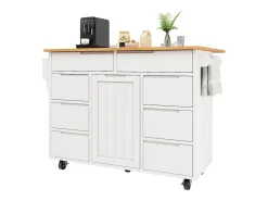Isla de cocina con 8 cajones - Carro con ruedas y tapa abatible - Blanco