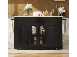 Isla de cocina con 3 cajones y 4 puertas (incluidas 2 puertas de cristal) - Negro 151,5 x 60(85) x 91,7 cm