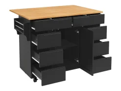 Isla de cocina con 8 cajones - Carro con ruedas y tapa abatible - Negro