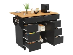 Isla de cocina con 8 cajones - Carro con ruedas y tapa abatible - Negro