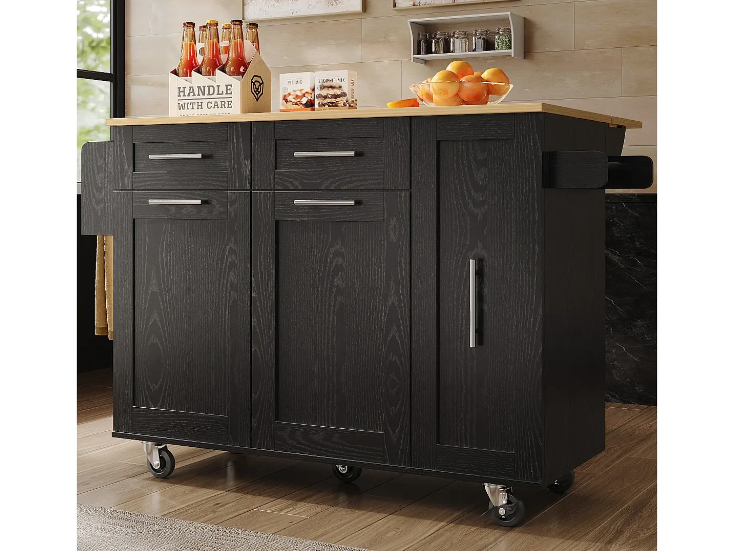 Isla de cocina con 3 puertas y 2 cajones - Encimera imitación madera - Madera MDF - Negro y natural claro