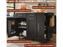 Isla de cocina con 3 puertas y 2 cajones - Encimera imitación madera - Madera MDF - Negro y natural claro