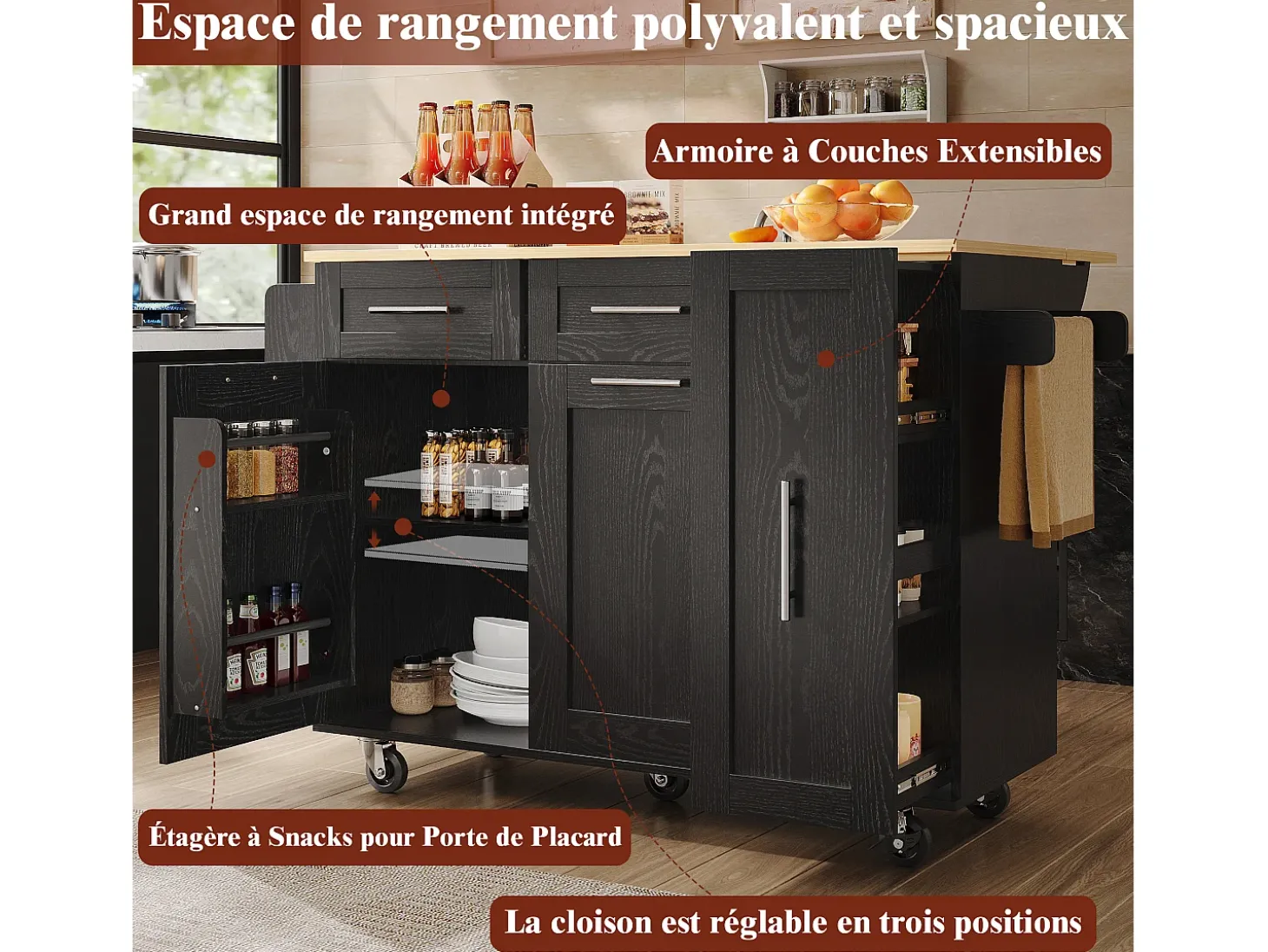 Isla de cocina con 3 puertas y 2 cajones - Encimera imitación madera - Madera MDF - Negro y natural claro