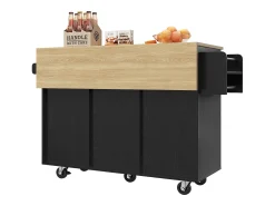 Isla de cocina con 3 puertas y 2 cajones - Encimera imitación madera - Madera MDF - Negro y natural claro