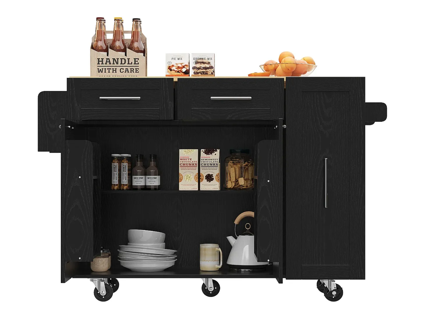 Isla de cocina con 3 puertas y 2 cajones - Encimera imitación madera - Madera MDF - Negro y natural claro