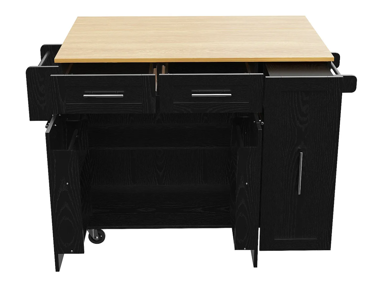 Isla de cocina con 3 puertas y 2 cajones - Encimera imitación madera - Madera MDF - Negro y natural claro