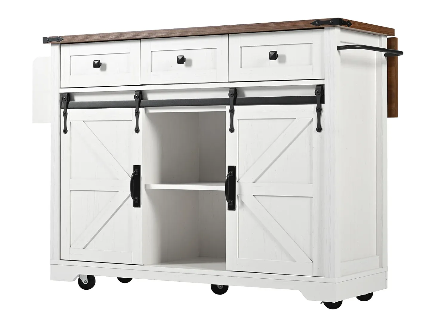 Isla de cocina con 2 puertas correderas y 3 cajones - Blanca y marrón