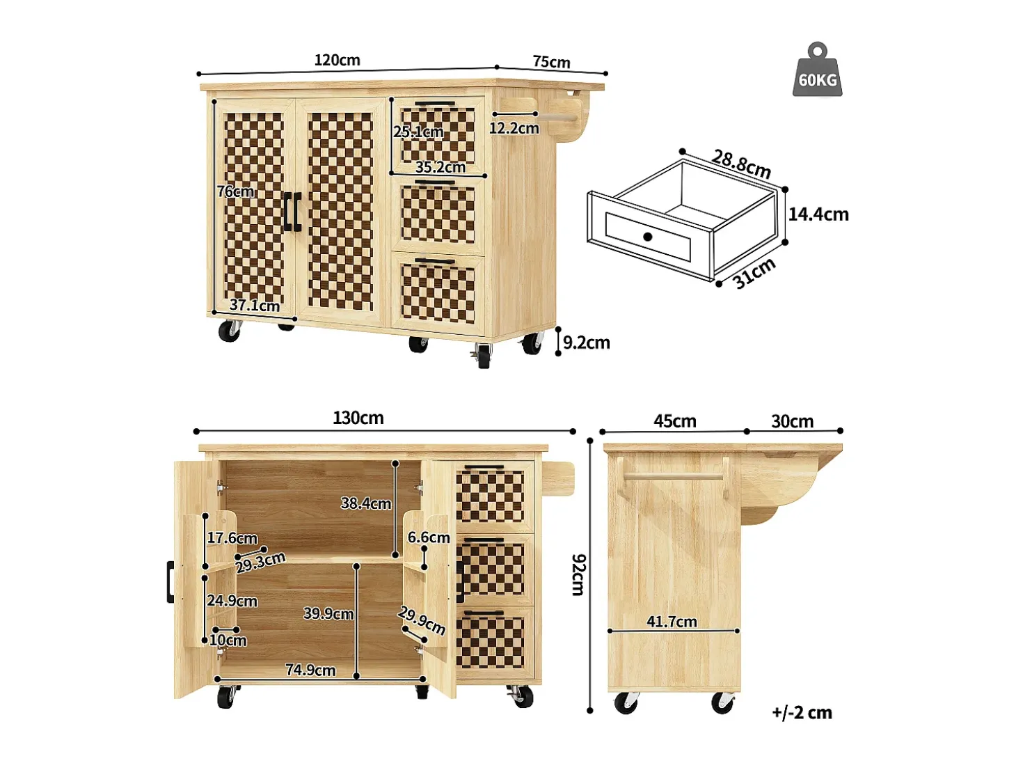 Isla de cocina con 2 puertas y 3 cajones, encimera extensible, diseño de tablero de ajedrez, color natural