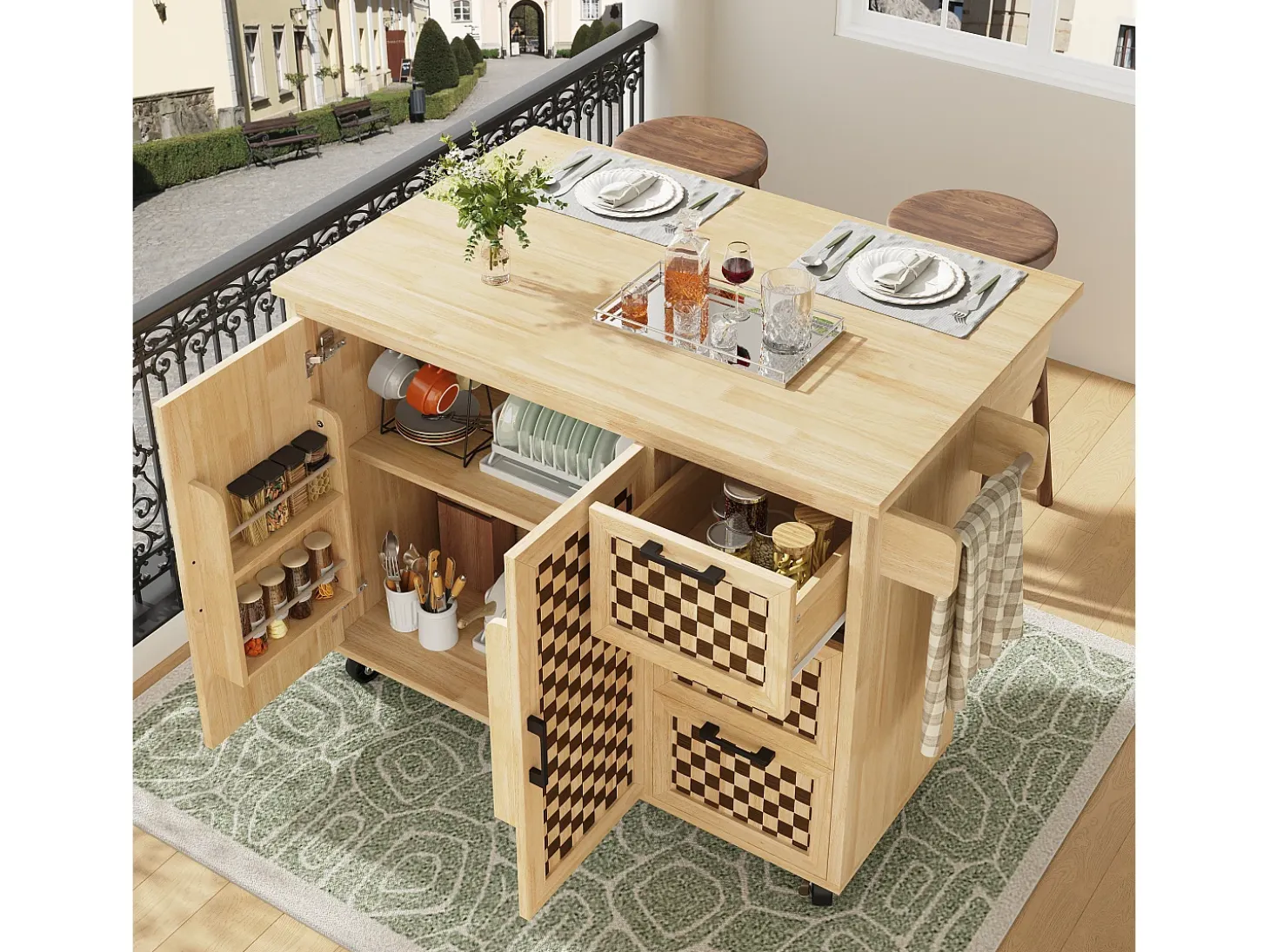 Isla de cocina con 2 puertas y 3 cajones, encimera extensible, diseño de tablero de ajedrez, color natural