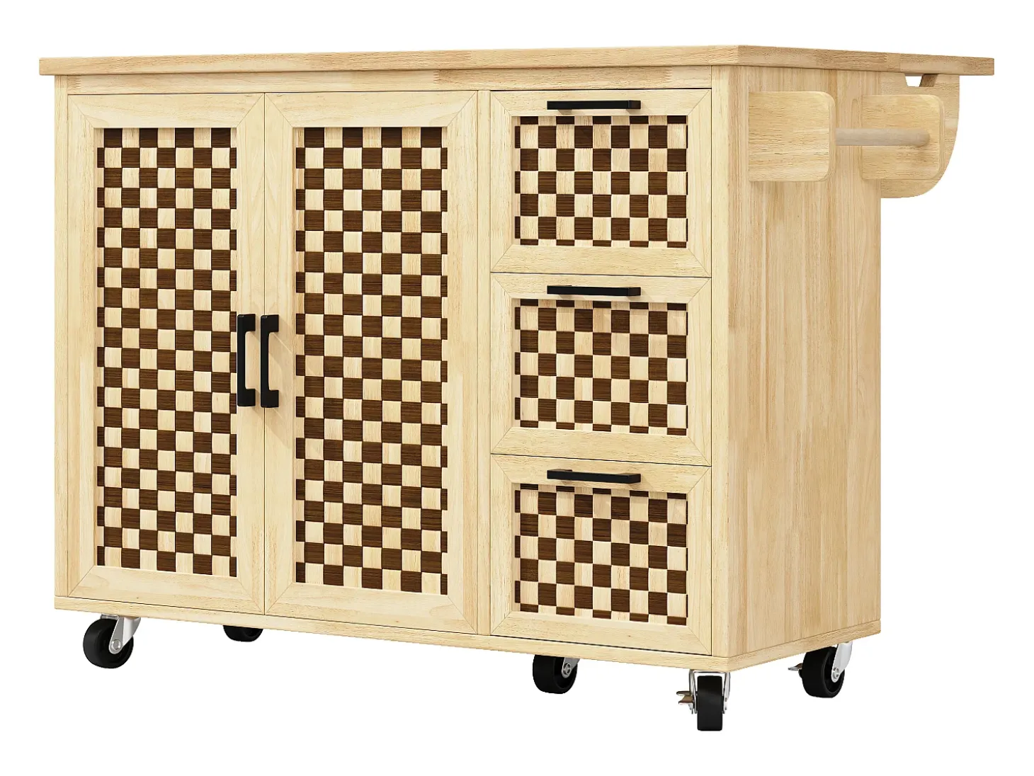 Isla de cocina con 2 puertas y 3 cajones, encimera extensible, diseño de tablero de ajedrez, color natural