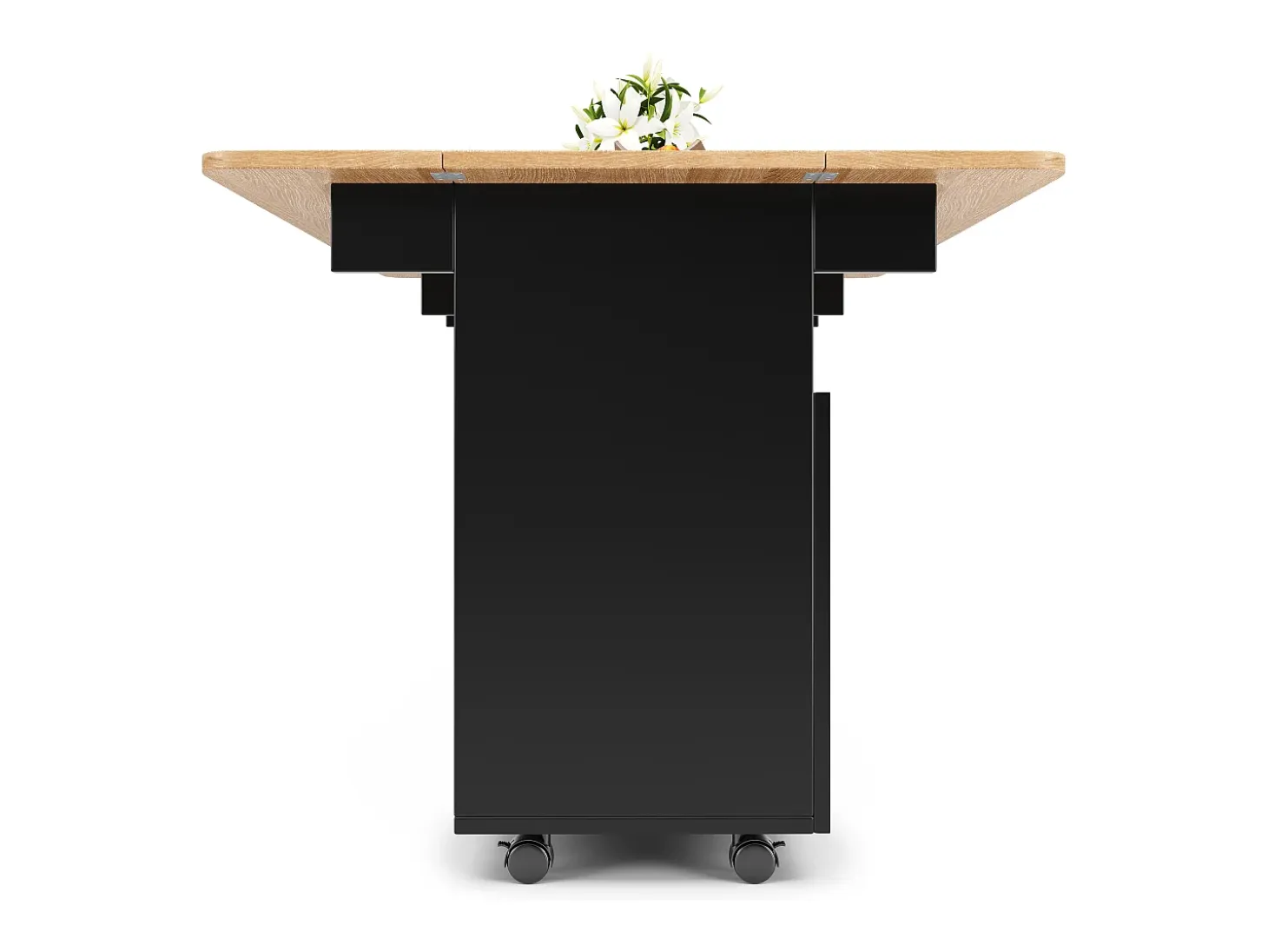 Isla de cocina con 2 puertas de cristal y ruedas - Chapa de madera veteada - Negro