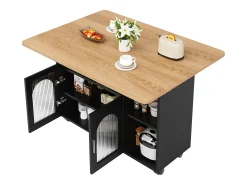 Isla de cocina con 2 puertas de cristal y ruedas - Chapa de madera veteada - Negro