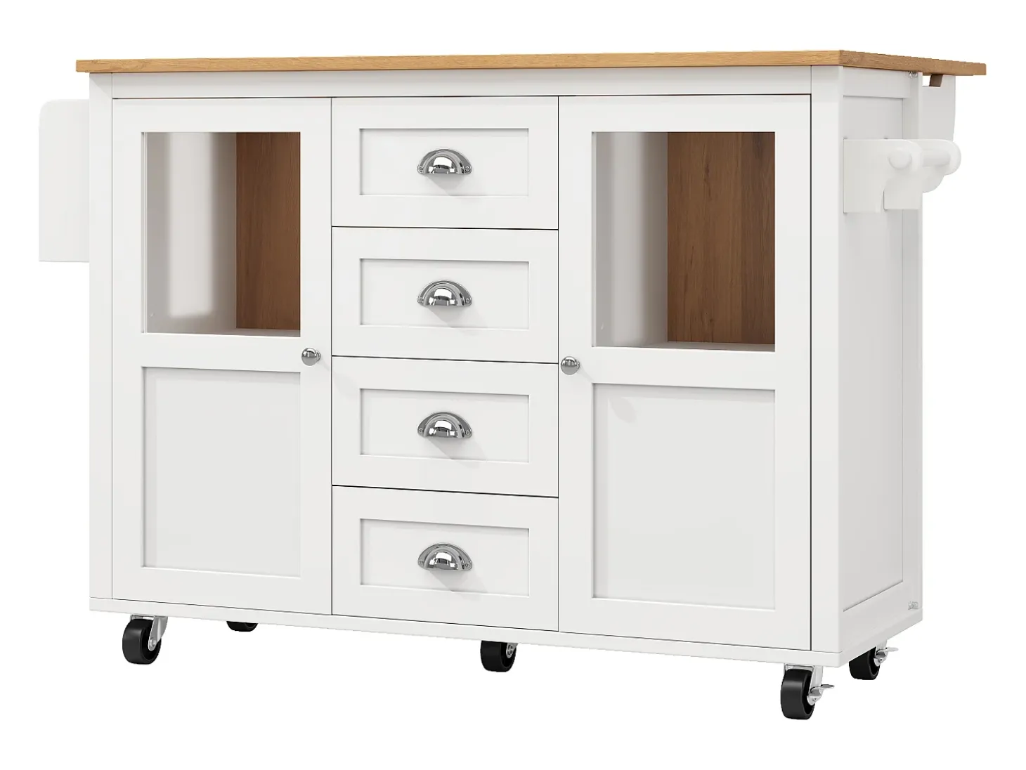 Isla de cocina con almacenaje, mesa plegable, MDF y metal, blanco y negro (137,9x73x92,5 cm)