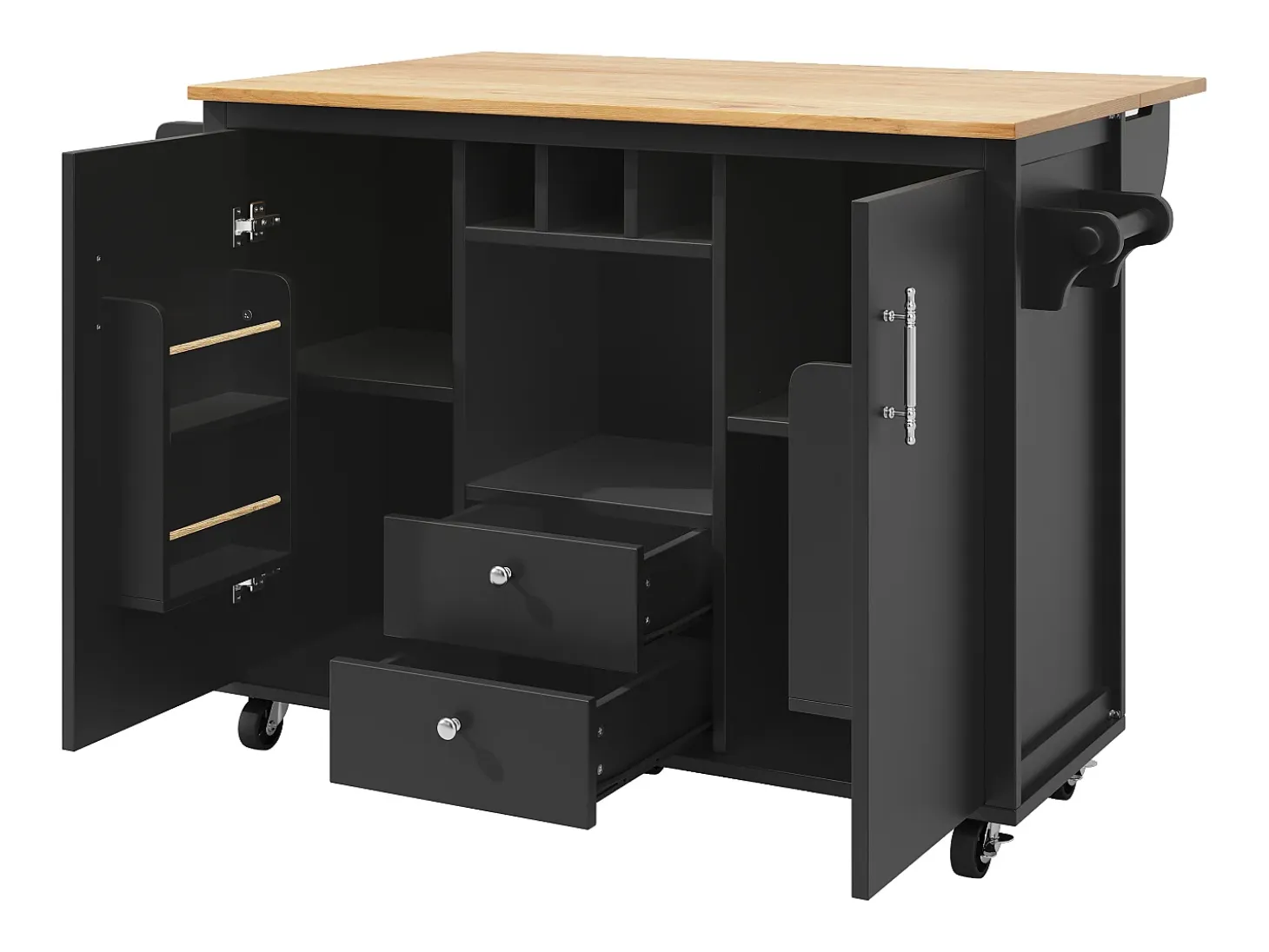 Isla de cocina con almacenaje, mesa plegable, MDF y metal, blanco y negro (137,9x73x92,5 cm)