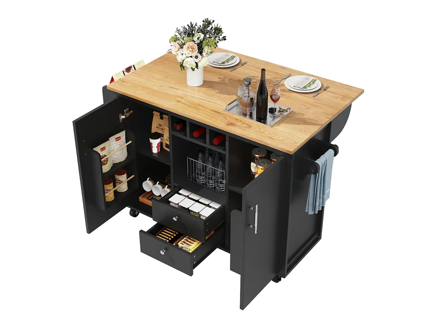 Isla de cocina con almacenaje, mesa plegable, MDF y metal, blanco y negro (137,9x73x92,5 cm)
