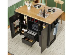 Isla de cocina con almacenaje, mesa plegable, MDF y metal, blanco y negro (137,9x73x92,5 cm)