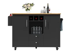 Isla de cocina con almacenaje, mesa plegable, MDF y metal, blanco y negro (137,9x73x92,5 cm)