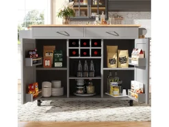 Isla de cocina con encimera, almacenaje flexible y toallero lateral, madera natural, color negro (102x45x92 cm)