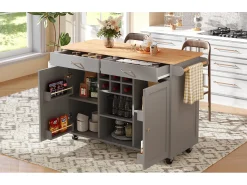 Isla de cocina con encimera, almacenaje flexible y toallero lateral, madera natural, color negro (102x45x92 cm)