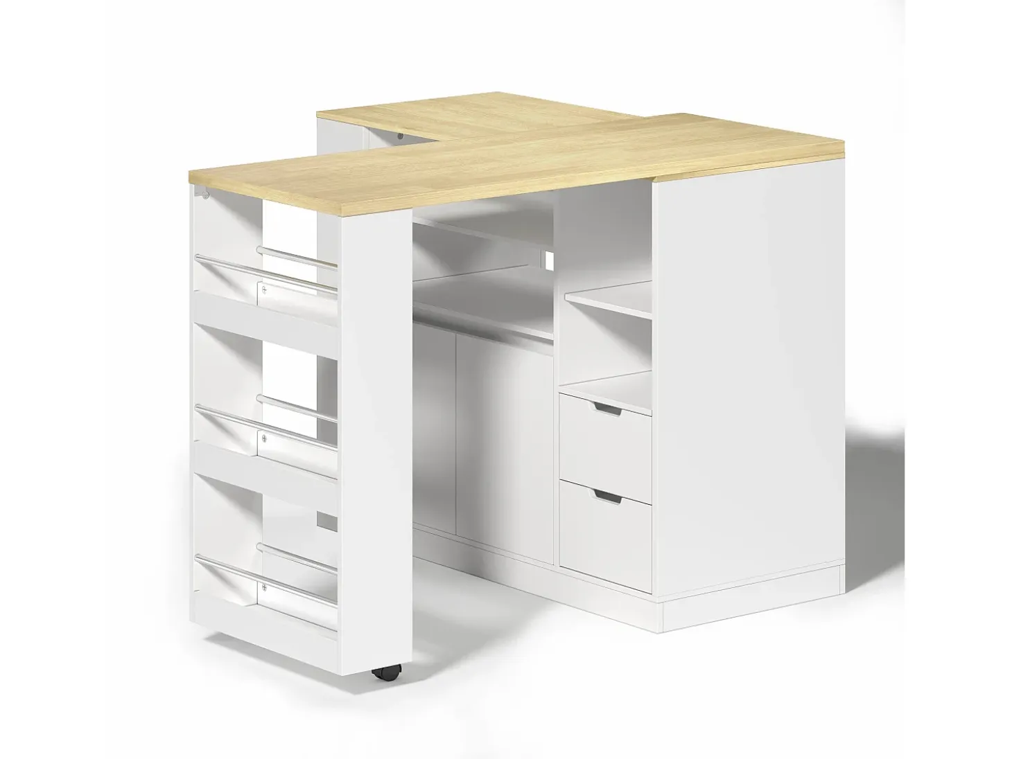 Isla de cocina con encimera extensible, 2 cajones y 2 puertas - Blanco y madera