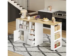 Isla de cocina con encimera extensible, 2 cajones y 2 puertas - Blanco y madera