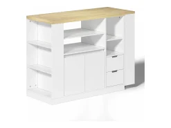 Isla de cocina con encimera extensible, 2 cajones y 2 puertas - Blanco y madera