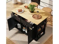 Isla de cocina con encimera abatible, toma de corriente, almacenaje, MDF y metal, color negro y natural (151,5x59,7x91,7 cm)