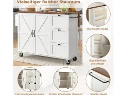 Isla de cocina con encimera extensible, carro de servicio con ruedas, con 2 puertas y 3 cajones, MDF beige y madera (140x45x92,5 cm)