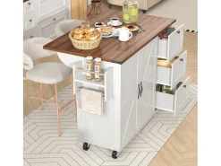 Isla de cocina con encimera extensible, carro de servicio con ruedas, con 2 puertas y 3 cajones, MDF beige y madera (140x45x92,5 cm)
