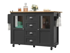 Isla de cocina con mesa plegable, almacenaje con ruedas, MDF y metal, blanco y negro (137,9x73x92,5 cm)