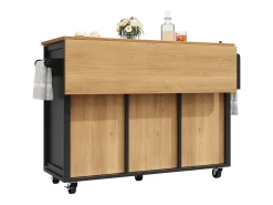 Isla de cocina con mesa plegable, almacenaje con ruedas, MDF y metal, blanco y negro (137,9x73x92,5 cm)