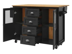 Isla de cocina con mesa plegable, almacenaje con ruedas, MDF y metal, blanco y negro (137,9x73x92,5 cm)