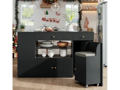 Isla de cocina con mesa plegable - 140 x 40/70 x 89 cm - con taburetes + 6 cajones + puerta - MDF + metal - negro