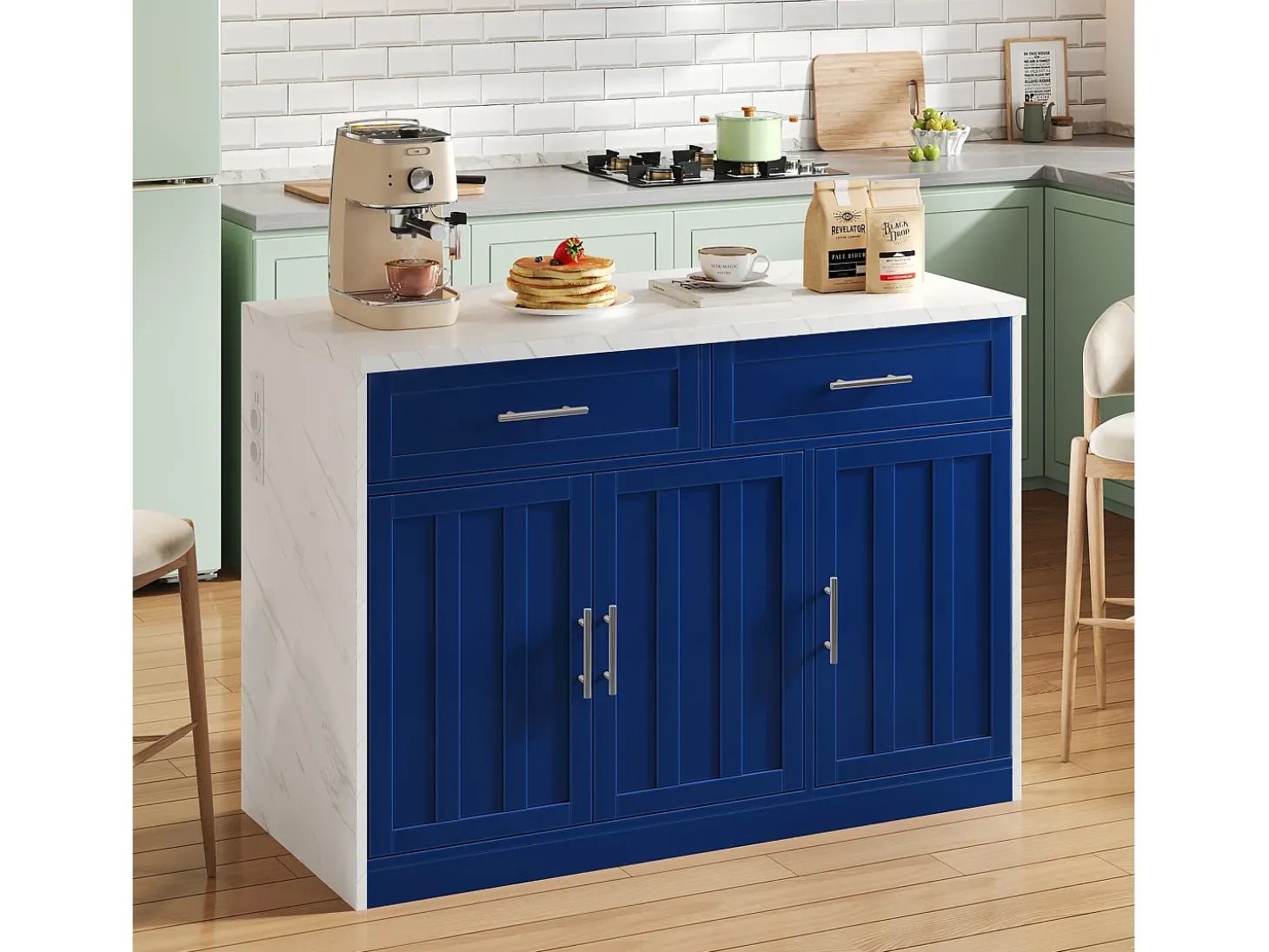 Isla de cocina con puerto USB, 3 puertas y 2 cajones - MDF - Blanca y azul - para salón y cocina
