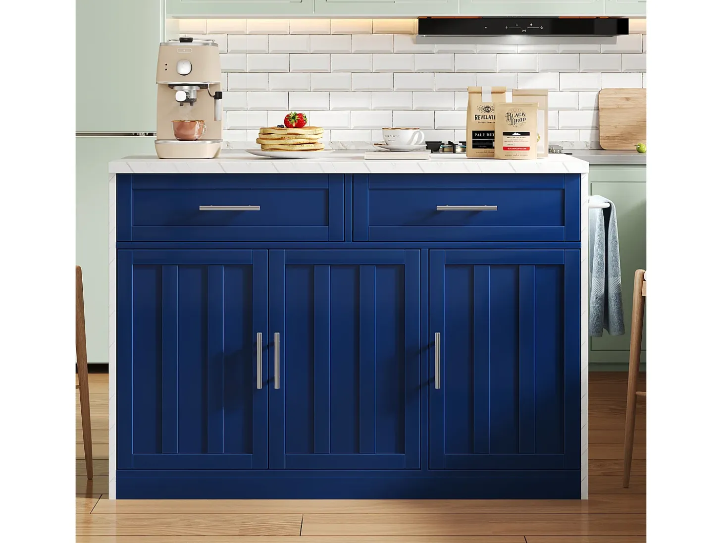 Isla de cocina con puerto USB, 3 puertas y 2 cajones - MDF - Blanca y azul - para salón y cocina