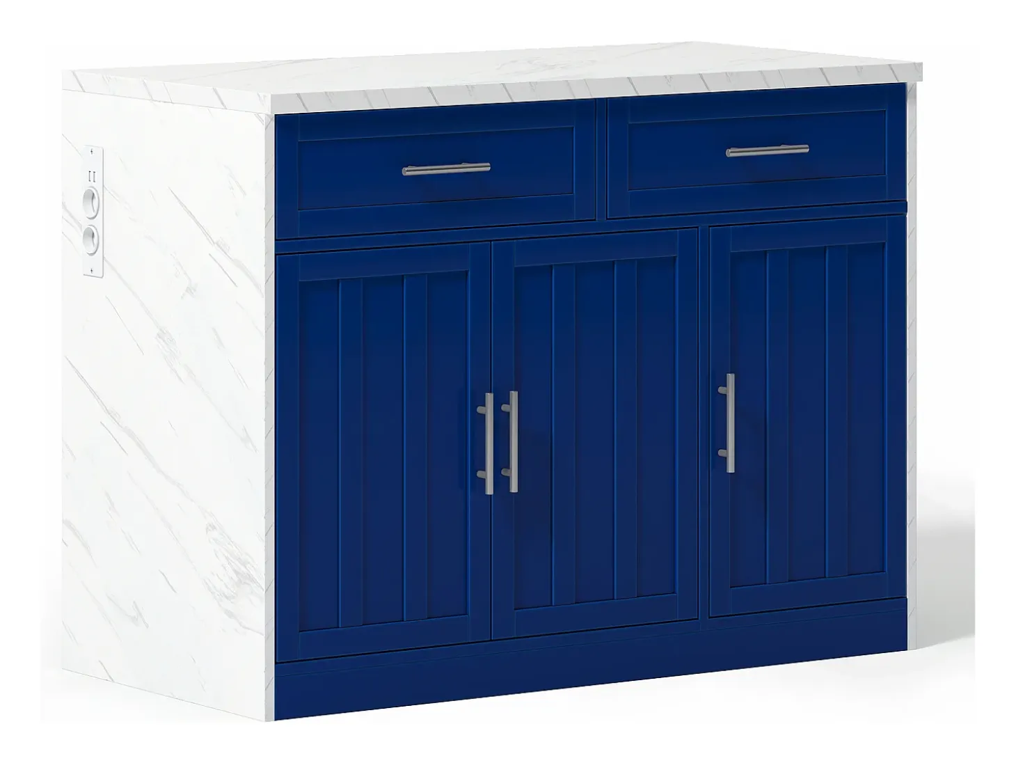 Isla de cocina con puerto USB, 3 puertas y 2 cajones - MDF - Blanca y azul - para salón y cocina