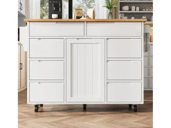 Isla de cocina con ruedas - 122 x 46/74,5 x 91,5 cm - carro de cocina extensible + 8 cajones - MDF - blanco
