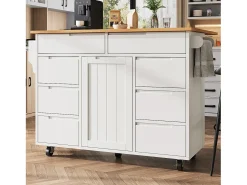 Isla de cocina con ruedas - 122 x 46/74,5 x 91,5 cm - carro de cocina extensible + 8 cajones - MDF - blanco