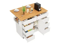 Isla de cocina con ruedas - 122 x 46/74,5 x 91,5 cm - carro de cocina extensible + 8 cajones - MDF - blanco