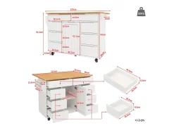 Isla de cocina con ruedas - 122 x 46/74,5 x 91,5 cm - carro de cocina extensible + 8 cajones - MDF - blanco