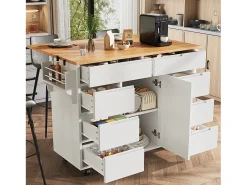 Isla de cocina con ruedas - 122 x 46/74,5 x 91,5 cm - carro de cocina extensible + 8 cajones - MDF - blanco