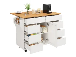 Isla de cocina con ruedas - 122 x 46/74,5 x 91,5 cm - carro de cocina extensible + 8 cajones - MDF - blanco