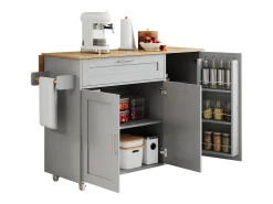 Isla de cocina con ruedas - 3 puertas y cajón - Encimera imitación madera - Gris