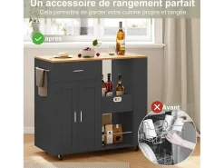 Isla de cocina con ruedas, carrito de cocina móvil con encimera y almacenaje, mueble de almacenaje, 102 × 46 × 92 cm, Negro