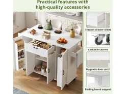 Isla de cocina con ruedas - 120 x 45/70 x 95 cm - con encimera abatible + 4 puertas + 1 cajón - MDF - blanco