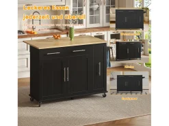 Isla de cocina con ruedas - 120 x 40/65 x 90 cm - con almacenaje extraíble + 2 cajones + 2 puertas - negro