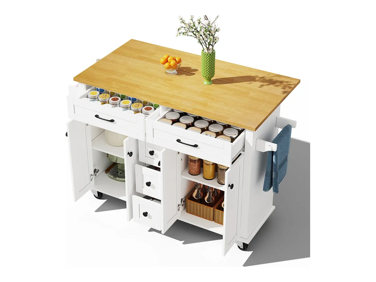 Isla de cocina con ruedas - 140 x 65 x 89 cm - con encimera extensible + 5 cajones + 4 puertas - blanco